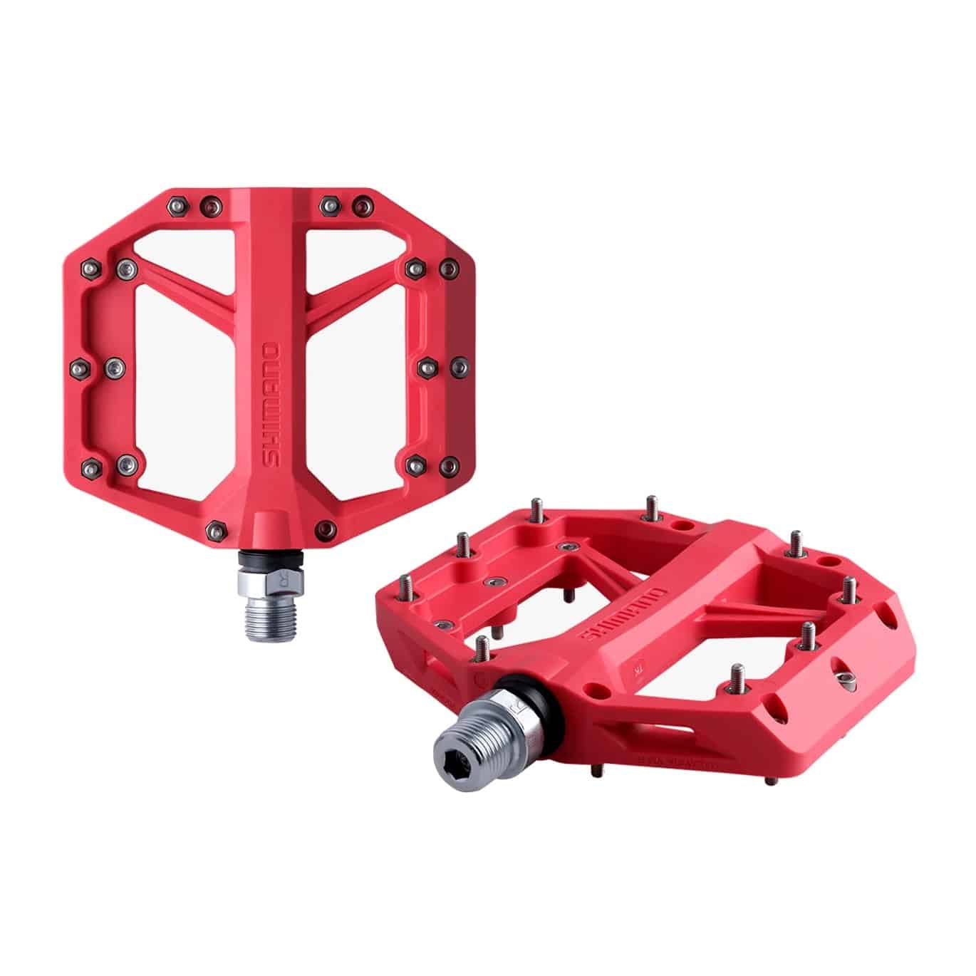 Shimano PD-GR400 Flat Pedals – Red, pair Pair of Shimano PD-GR400 flat pedals in red, three-quarter view