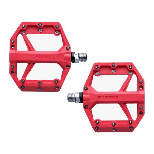 Shimano PD-GR400 red flat pedals from above, nine pins per side