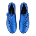 Top view of blue Shimano SH-RC910 shoes with dual BOA dials and textile laces