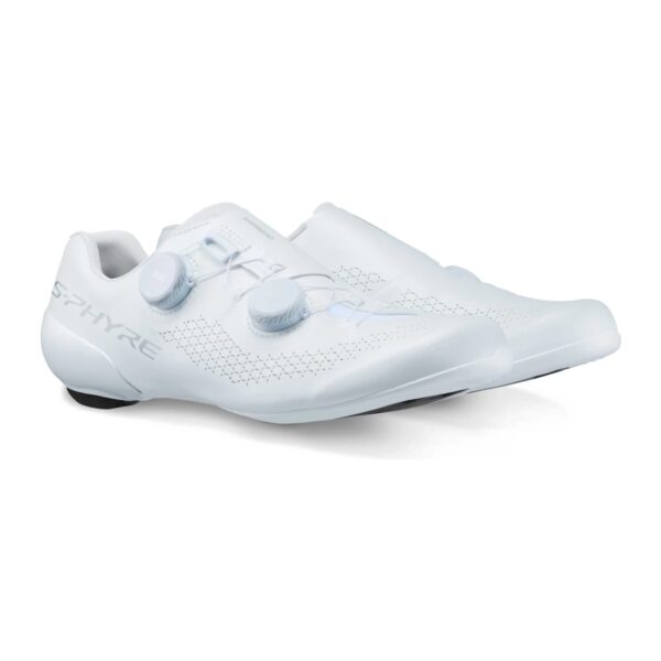 Pair of white Shimano S-PHYRE SH-RC910 road shoes, three-quarter view