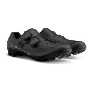 Pair of black Shimano S-PHYRE SH-XC903 XC race shoes, three-quarter view