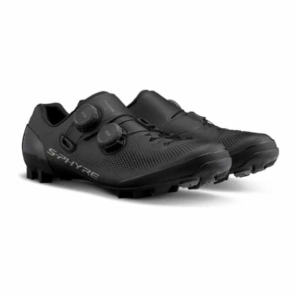 Pair of black Shimano S-PHYRE SH-XC903 XC race shoes, three-quarter view