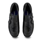 Top view of black Shimano SH-XC903 shoes with dual BOA Li2 dials and crossover lacing