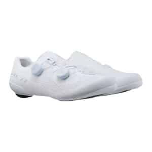 Pair of white Shimano SH-RC810 road shoes, three-quarter view