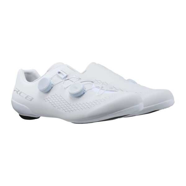Pair of white Shimano SH-RC810 road shoes, three-quarter view
