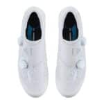 Top view of white Shimano SH-RC810 shoes with dual BOA dials and textile laces