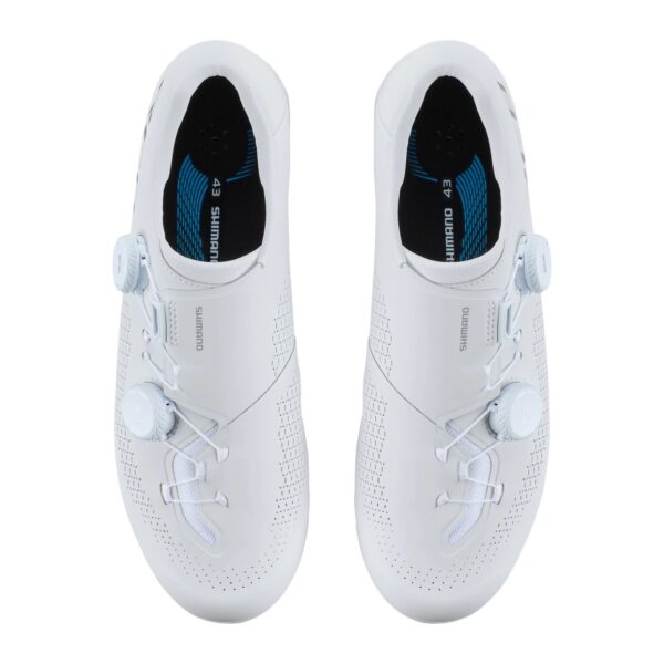 Top view of white Shimano SH-RC810 shoes with dual BOA dials and textile laces