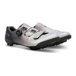 Pair of Shimano SH-RX801 gravel shoes in silver, three-quarter view