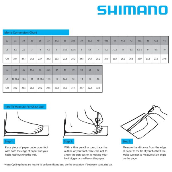 Shimano shoe size chart with EU and US sizes and how to measure your foot