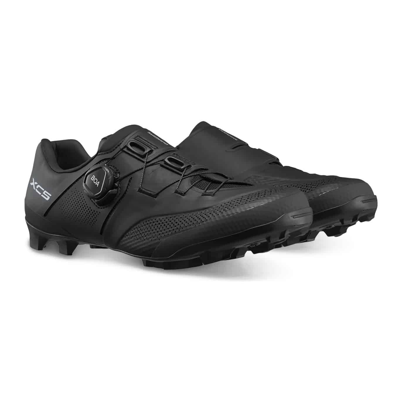 Pair of Shimano SH-XC503 MTB shoes in black, three-quarter view