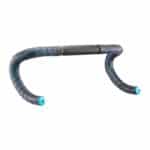 Side view of a handlebar wrapped in Supacaz Super Sticky Kush Tsunami tape with neon blue plugs