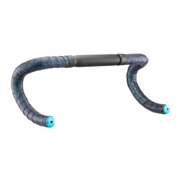 Side view of a handlebar wrapped in Supacaz Super Sticky Kush Tsunami tape with neon blue plugs