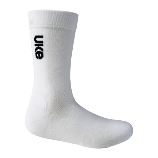 UKE LingJun cycling socks in white with black UKE logo