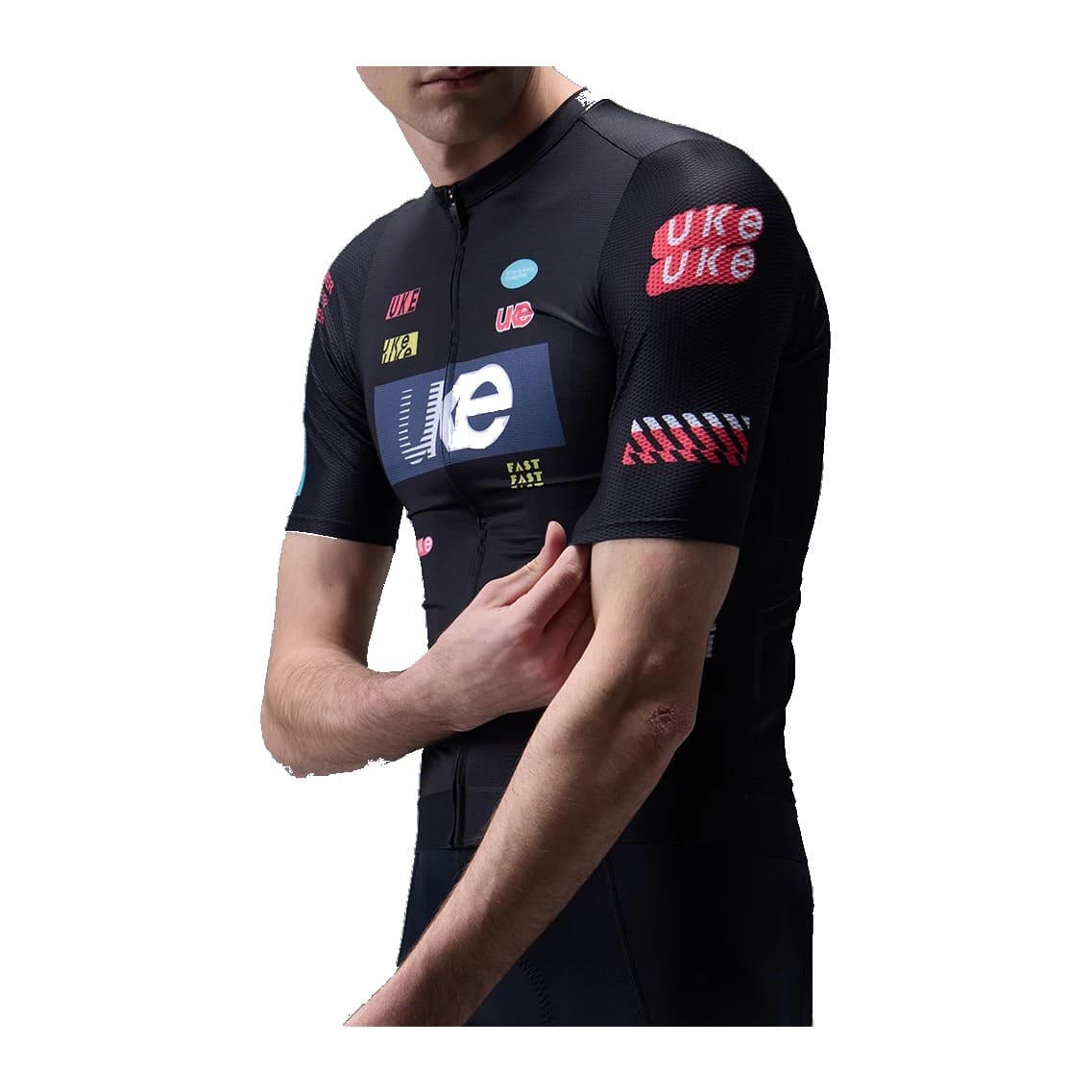 UKE RA300 Competition Black jersey, three-quarter view showing the raglan sleeve and graphics