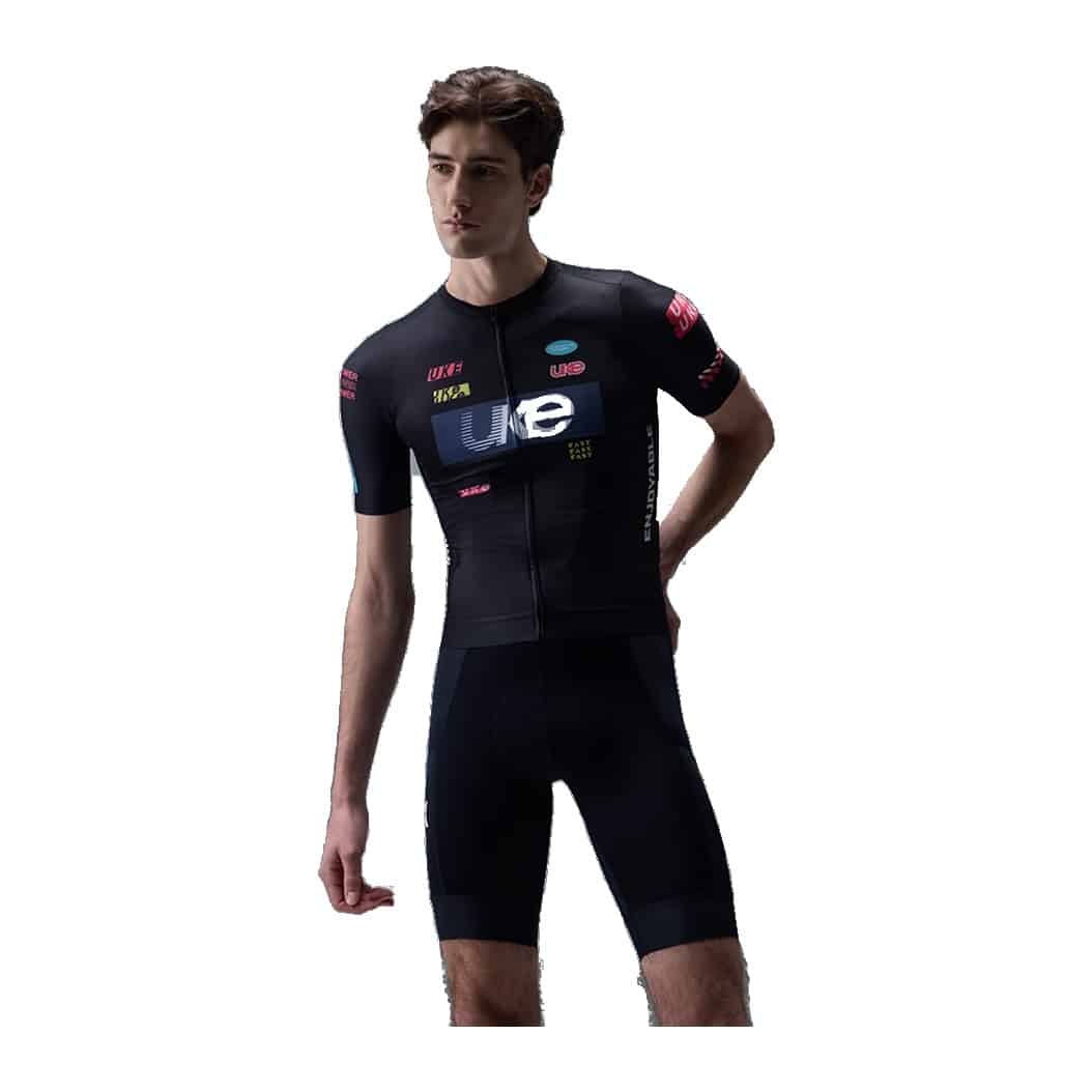 UKE RA300 men's short sleeve cycling jersey in Competition Black, worn by a model, front view