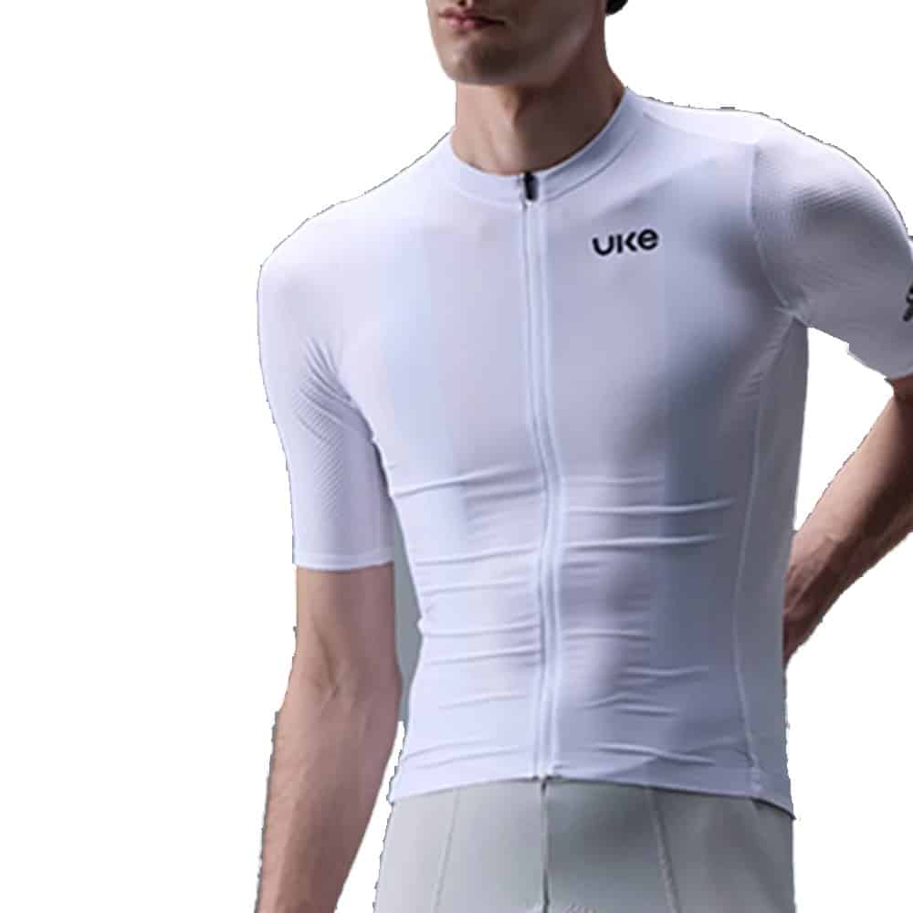 UKE RC200 men’s short-sleeve cycling jersey in White, front view on model