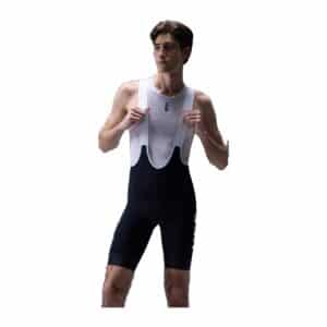 UKE RP400 men's bib shorts in black with white mesh upper, worn by a model, front view