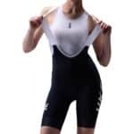 UKE RP400 women’s bib shorts in Black, front close-up of the straps and leg print