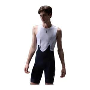 UKE RPC400 men's cargo bib shorts in black with white mesh upper, worn by a model, front view