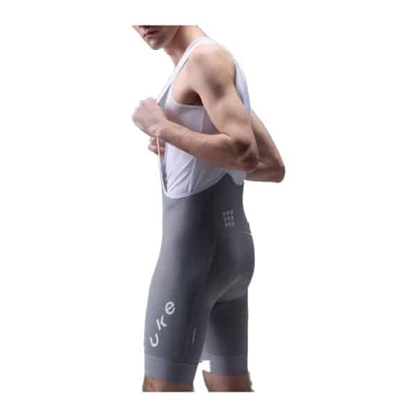 UKE RPC400 cargo bib shorts in Silver Moon, side view showing the leg print and fit
