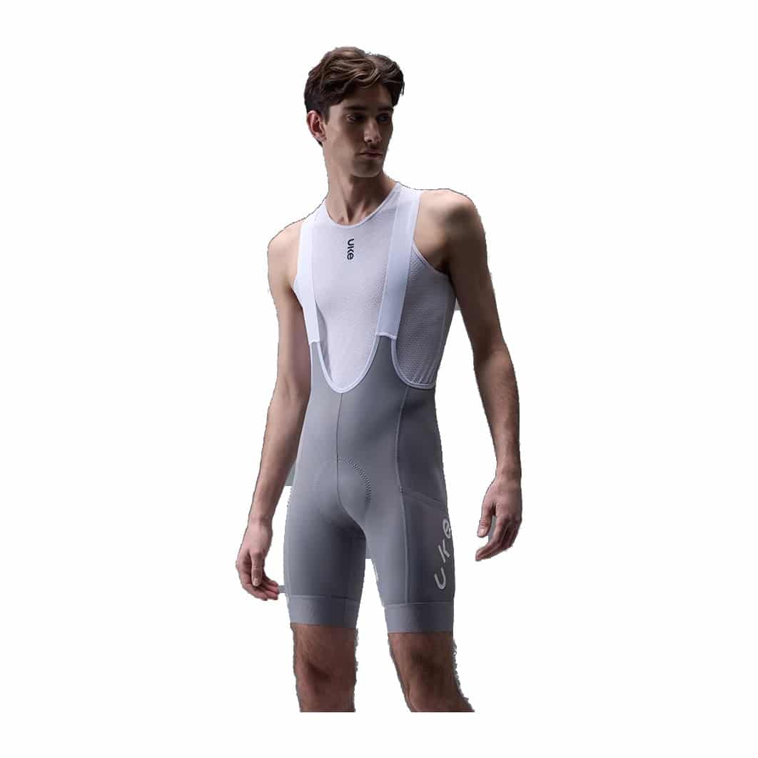 UKE RPC400 men's cargo bib shorts in Silver Moon grey, worn by a model, front view