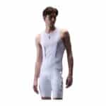 UKE RPC400 men's cargo bib shorts in white, worn by a model, front view with the thigh storage pocket