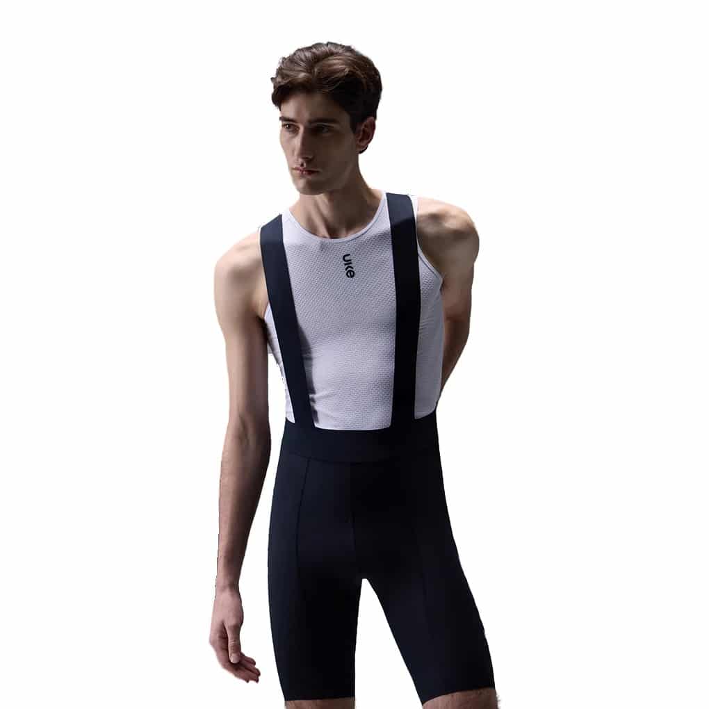 UKE RS200 men’s road bib shorts in Black, front view on model