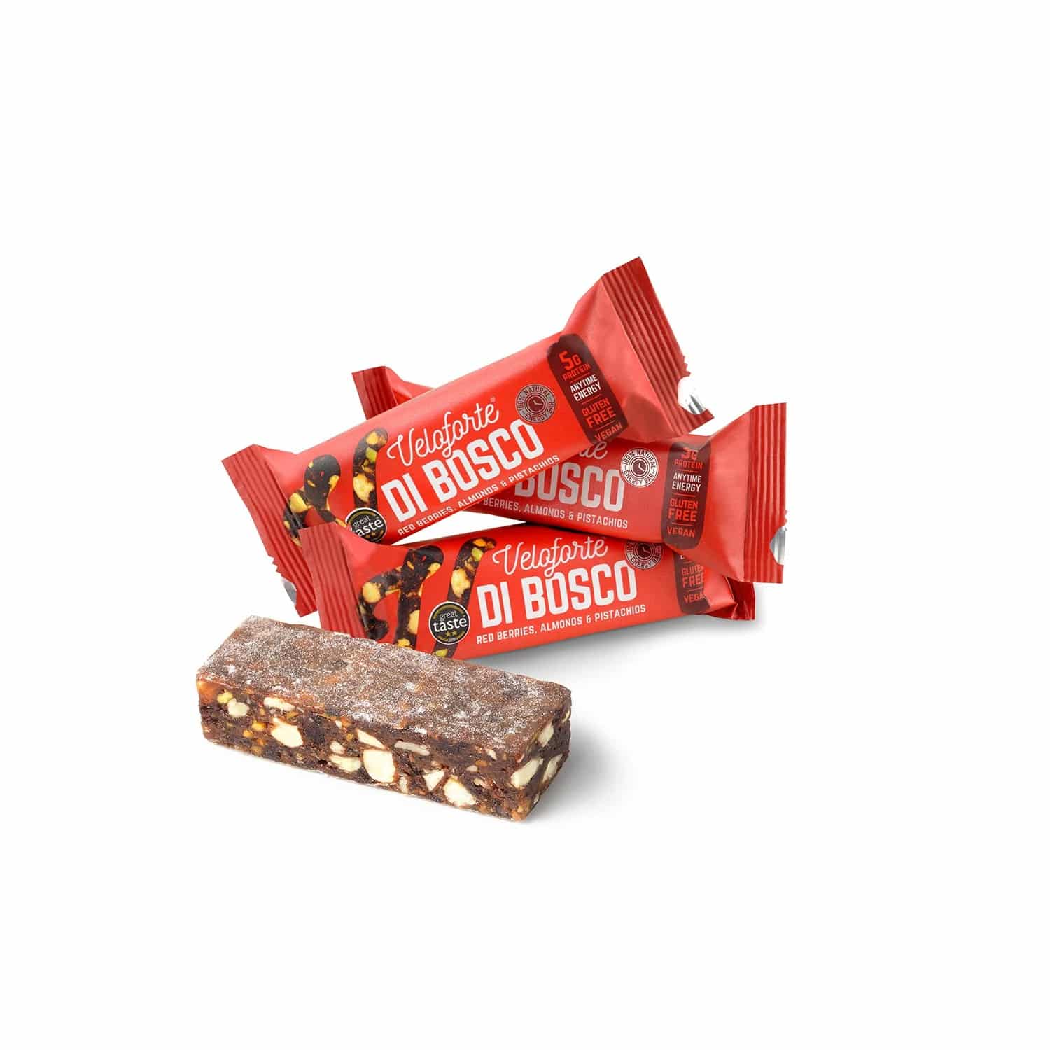 Veloforte Di Bosco natural energy bars in red wrappers with an unwrapped bar showing almonds and red berries