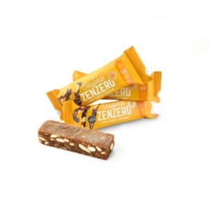 Veloforte Zenzero natural energy bars in orange wrappers with an unwrapped bar