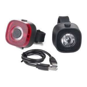 woom BEAM kids’ bike lights: white front light, red rear light and USB-C charging cable